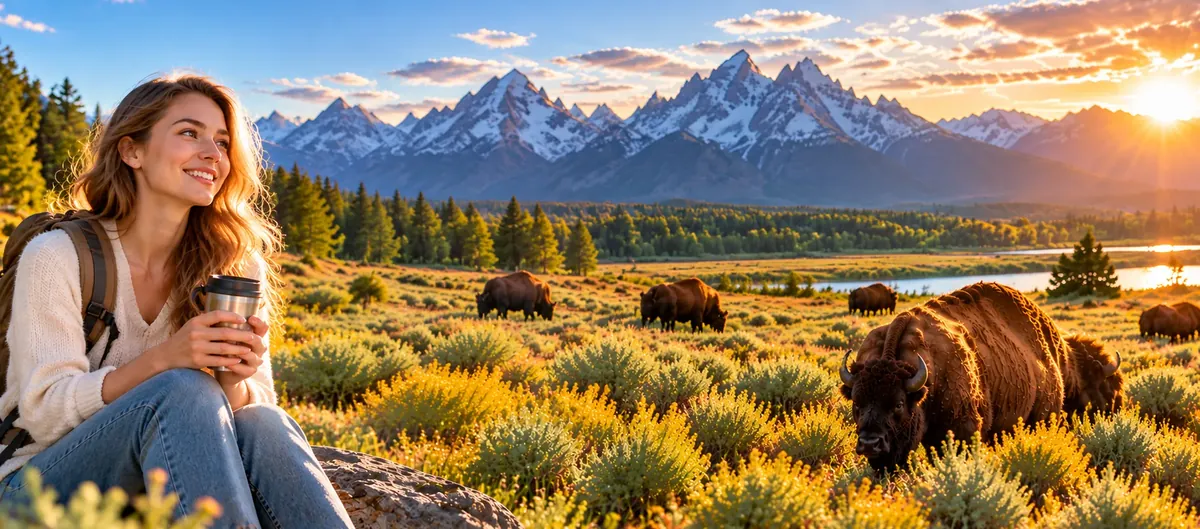 Smiling woman with a coffee cup in a mountain meadow while bison graze nearby