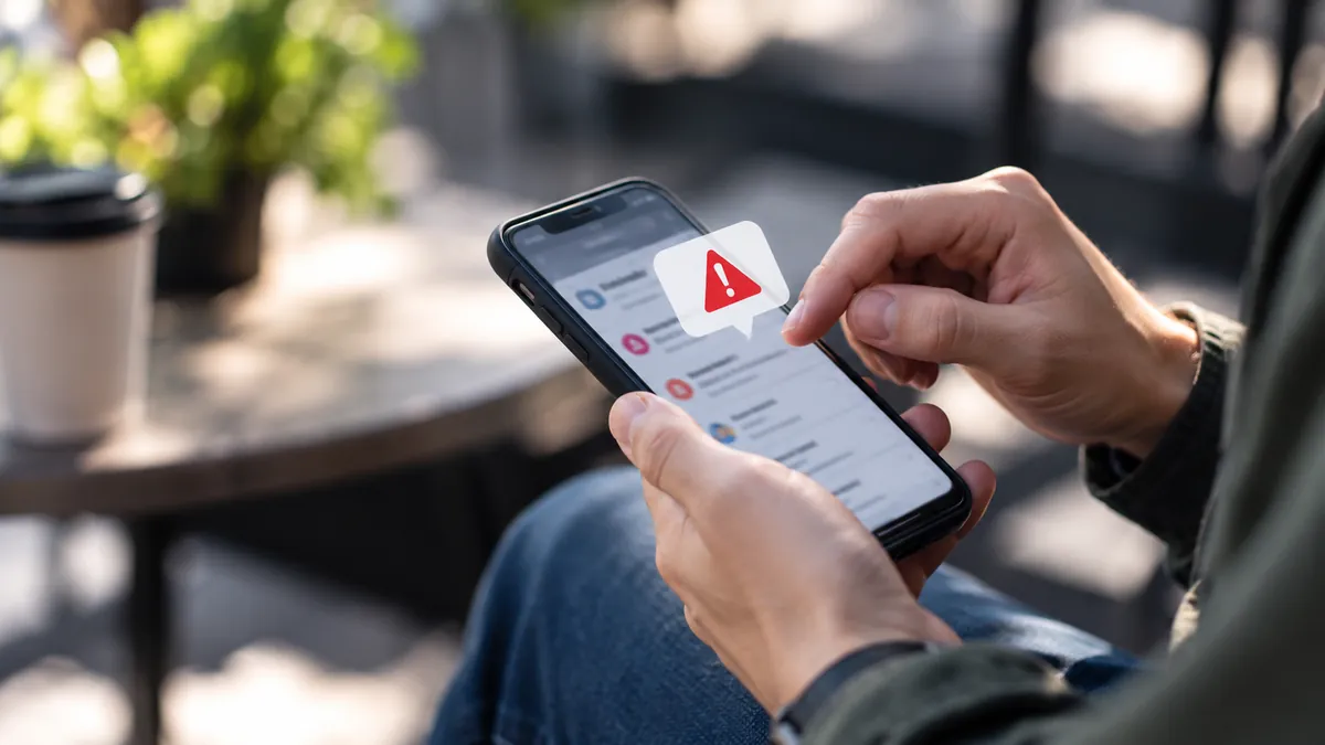 Person holding a smartphone that shows a red warning alert over a suspicious loan message